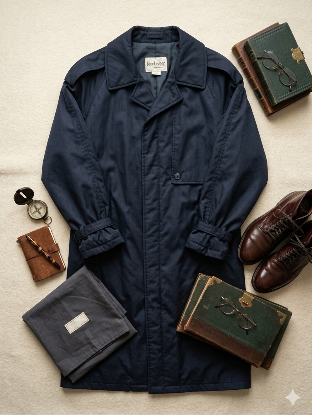 Rainbeater Vintage 46 Navy Blue Raincoat Mens L XL Trench Coat Long Watershield
